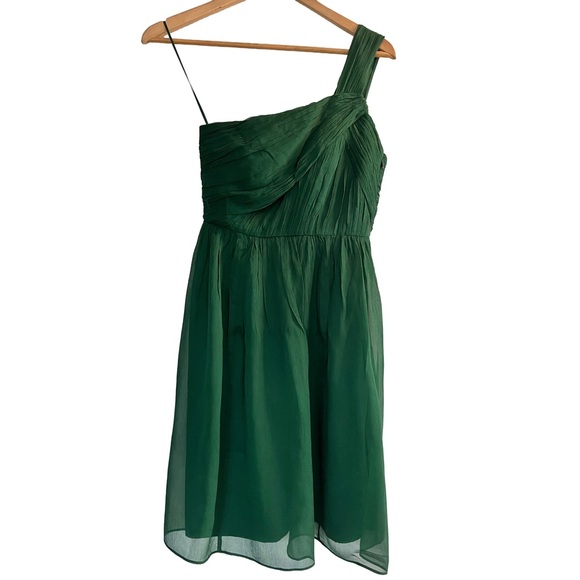 New! J Crew Bridal Cocktail Forrest Green One Shoulder Silk Chiffon Dress 2P - Picture 3 of 15